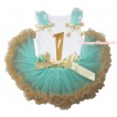 White Baby Pettitop Aqua Blue Ruffles Goldenrod Bows & 1st Sparkle Gold Birthday Number Painting & Aqua Blue Goldenrod Newborn Pettiskirt NG1789